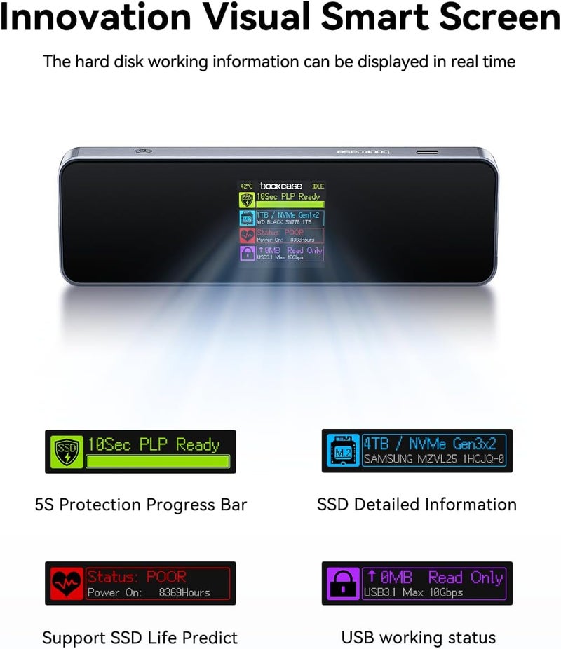 DOCKCASE Visual Smart M.2 NVMe SSD Enclosure,Support 10s PLP Prevents Write Data Loss,USB 3.2 Gen 2 Type-C (10 Gbps),fits NVMe PCIe Size 2230/2242/2260/2280,Support M-Key B+M Key UASP - Image 2